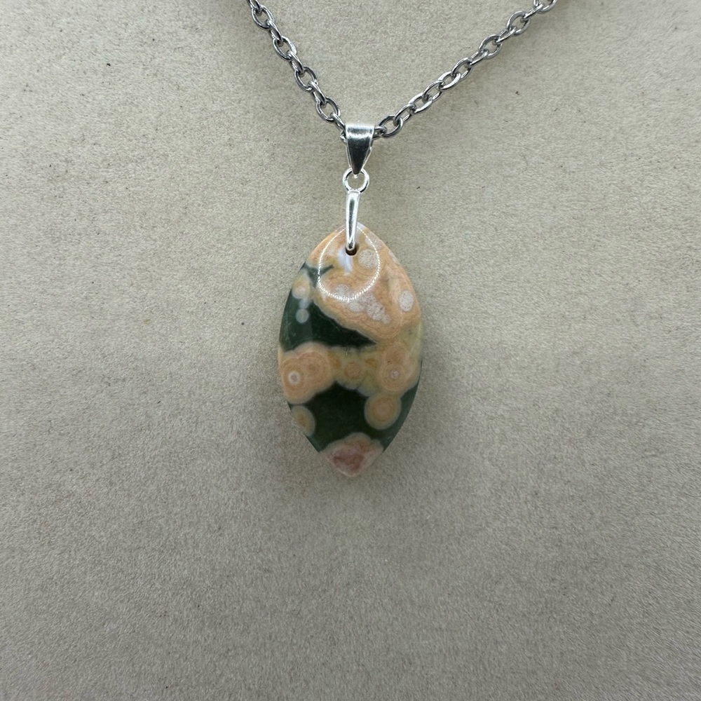 Eye Shaped Ocean Jasper Pendant on Stainless Steel Chain - Picture 5 of 9